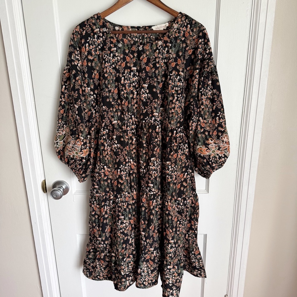 Solitaire Black Floral Embroidered Puff Sleeve Dress